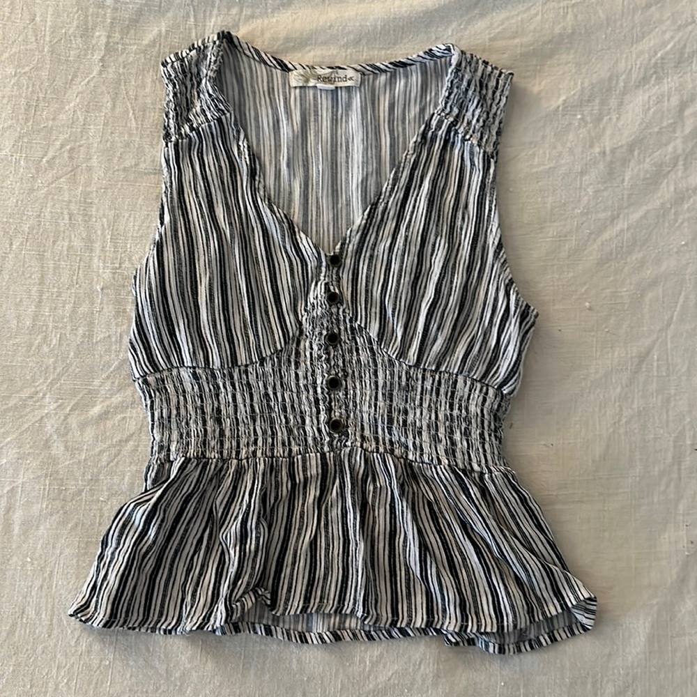 Rewind- Black and White Striped Cropped Peplum Tank Top